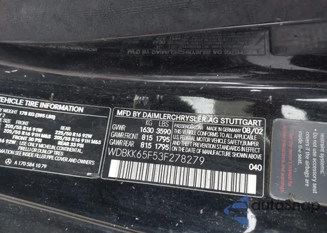 2003 Mercedes-Benz Slk 320 from USA, damaged, VIN WDBKK65F53F278279